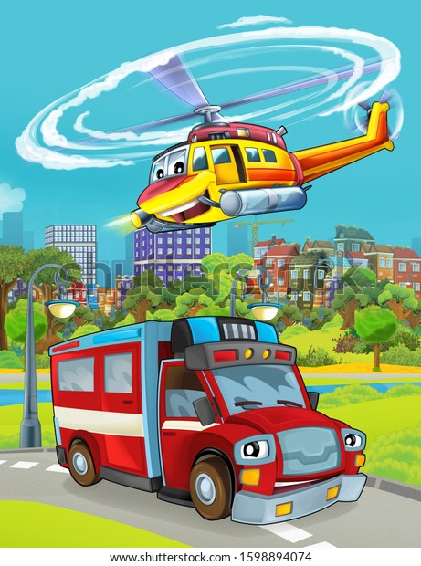 cartoon scene with fireman car\
and helicopter flying over in the park - illustation for\
children
