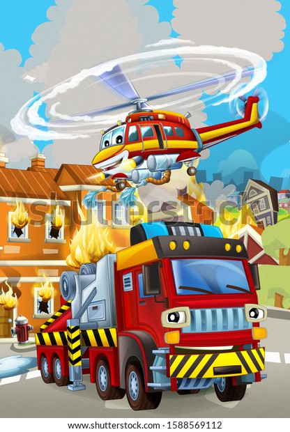 cartoon scene with fireman car vehicle near
burning building - illustration for
children