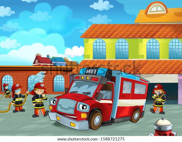 cartoon scene\
with fireman car vehicle on the road near the fire station with\
firemen - illustration for\
children