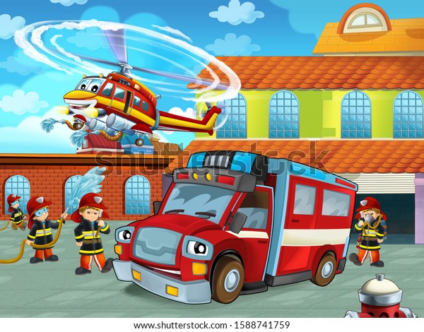 cartoon scene\
with fireman car vehicle on the road near the fire station with\
firemen - illustration for\
children