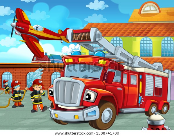 cartoon scene
with fireman car vehicle on the road near the fire station with
firemen - illustration for
children