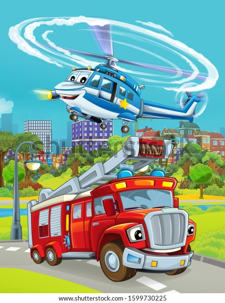 cartoon scene with\
fireman car vehicle on the road with flying police helicopter -\
illustration for\
children