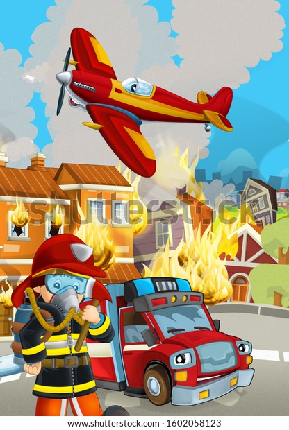 cartoon scene with fireman car vehicle near\
burning building - illustration for\
children
