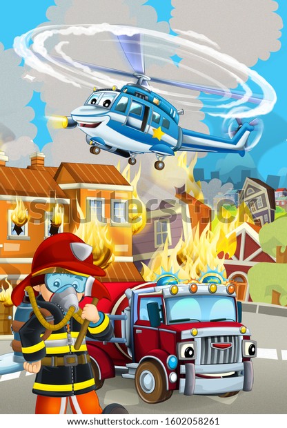 cartoon scene with fireman car vehicle near
burning building - illustration for
children