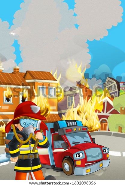 cartoon scene with fireman car vehicle near\
burning building - illustration for\
children