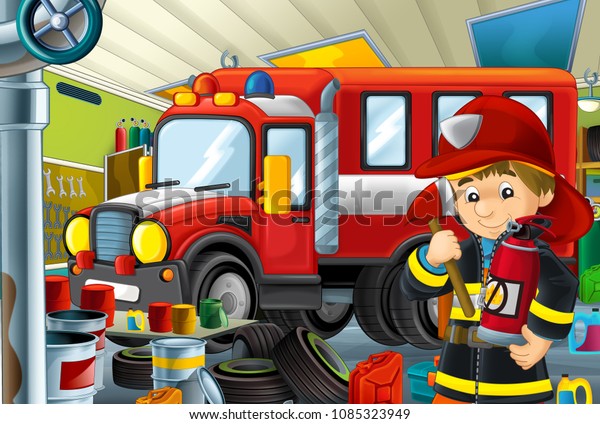 cartoon\
scene with fireman in garage near some vehicle - fireman car - or\
cleaning work place - illustration for\
children