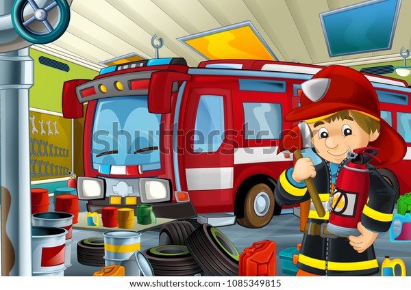 cartoon\
scene with fireman in garage near some vehicle - fireman car - or\
cleaning work place - illustration for\
children