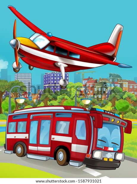 cartoon\
scene with fireman vehicle on the road driving through the city and\
plane flying over - illustration for\
children