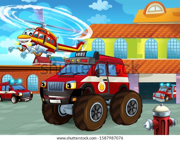 cartoon scene with fireman\
vehicle on the road near the fire station - illustration for\
children
