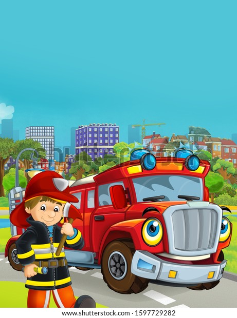 cartoon scene with fireman vehicle on the road\
driving through the city and fireman standing near by -\
illustration for\
children