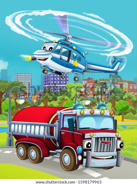cartoon scene with fireman vehicle on the road -\
illustration for\
children