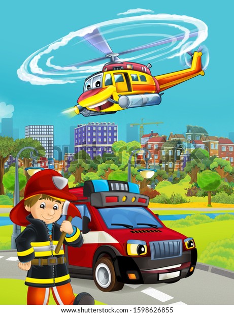 cartoon scene with fireman vehicle on the road -\
illustration for\
children