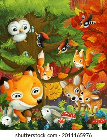 cartoon scene with forest animals friends having fun in the forest illustration for children