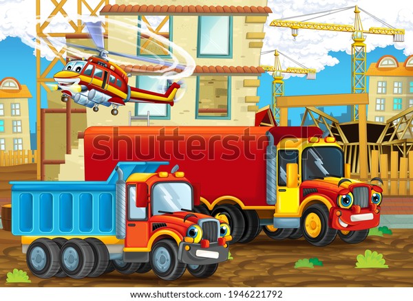cartoon scene with funny
construction site cars vehicles and helicopter - illustration for
children