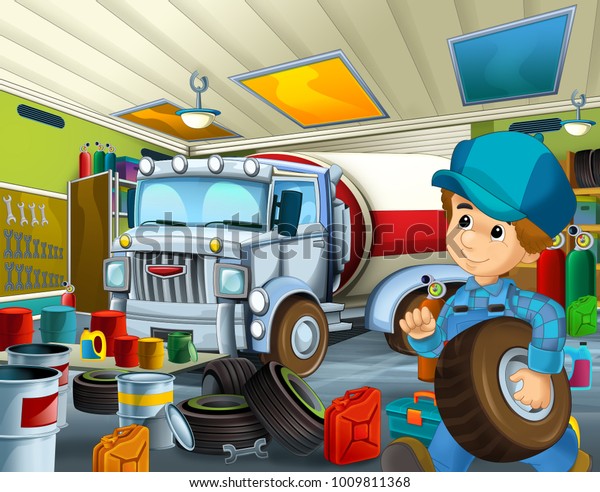 cartoon scene with\
garage mechanic working repearing some car or cleaning work place -\
illustration for\
children