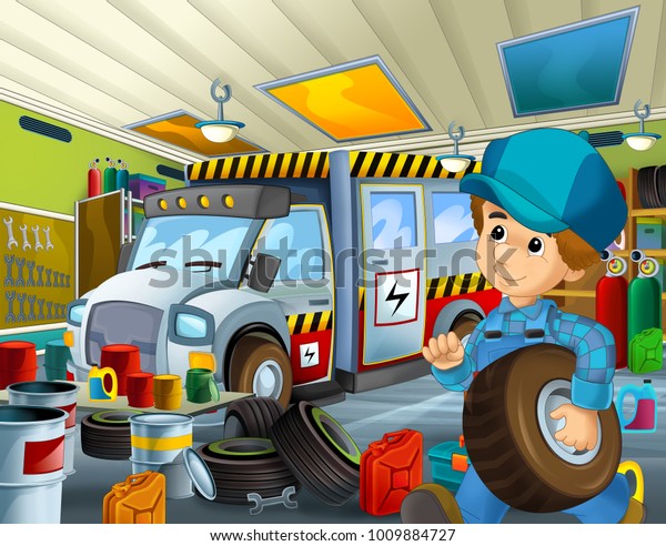 cartoon\
scene with garage mechanic working repearing some vehicle or\
cleaning work place - illustration for\
children