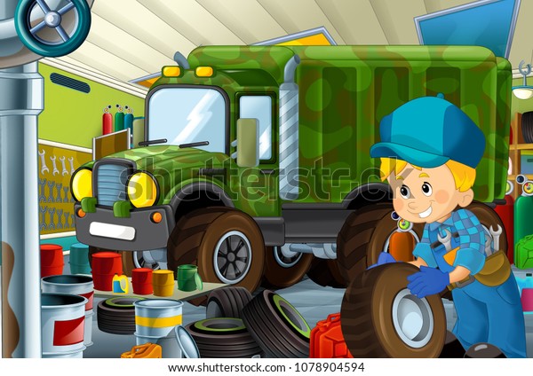 cartoon scene with garage mechanic working\
repairing some vehicle - military car - or cleaning work place -\
illustration for\
children
