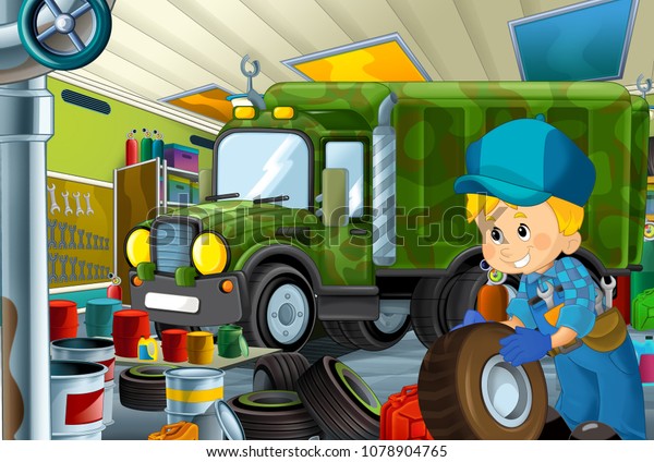 cartoon scene with garage mechanic working\
repearing some vehicle - military car - or cleaning work place -\
illustration for\
children