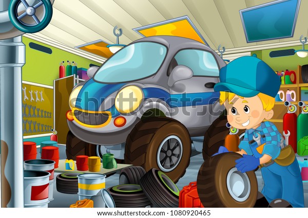cartoon scene with garage mechanic working\
repearing some vehicle - fireman car - or cleaning work place -\
illustration for\
children
