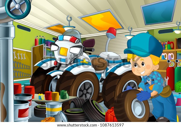 cartoon scene with garage mechanic working\
repearing some vehicle - police motorcycle - or cleaning work place\
- illustration for\
children