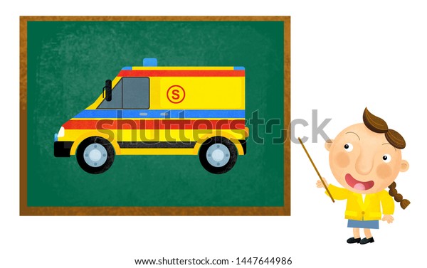cartoon scene with girl presenting a car on\
white background - illustration for\
children