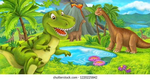 cartoon scene with happy dinosaur tyrannosaurus rex near erupting volcano and diplodocus - illustration for children - Powered by Shutterstock