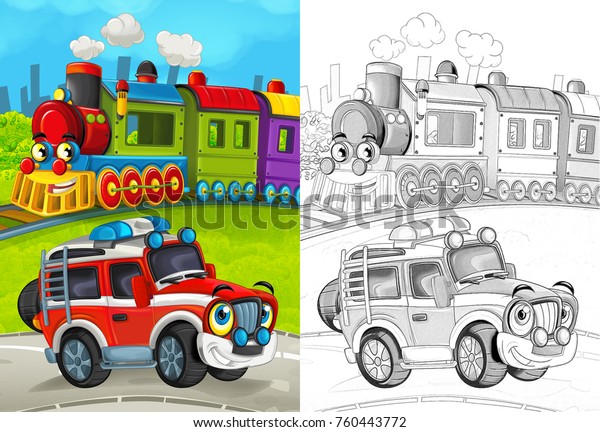 cartoon scene with happy\
fireman car on the road and train with coloring page illustration\
for children 