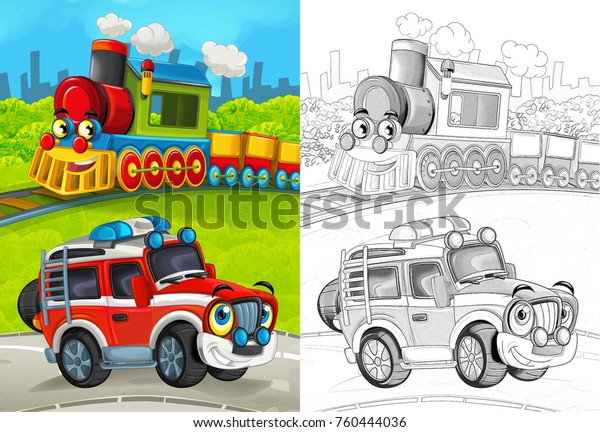 cartoon scene with happy\
fireman car on the road and train with coloring page illustration\
for children 