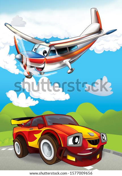cartoon scene with happy and funny sports car\
and plane illustration for\
children