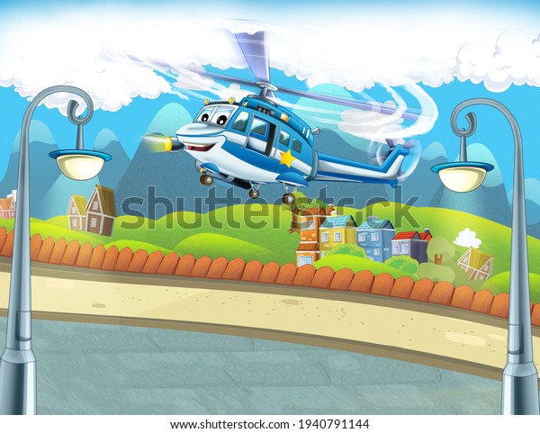 cartoon scene with happy helicopter flying in\
the city - illustration for\
children