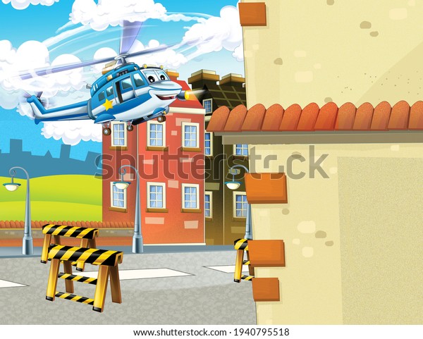 cartoon scene with happy helicopter flying in\
the city - illustration for\
children
