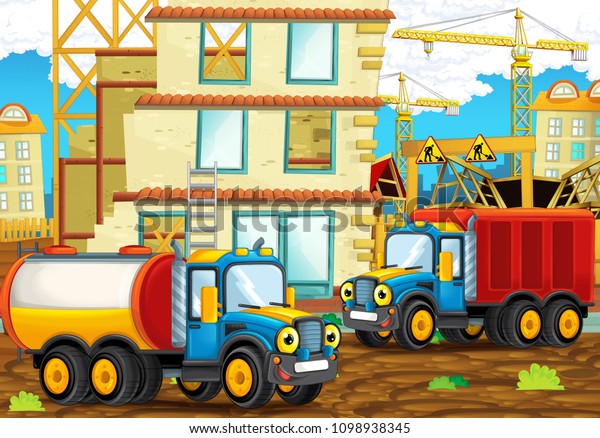 cartoon scene with happy\
industry cars on the construction site - illustration for\
children