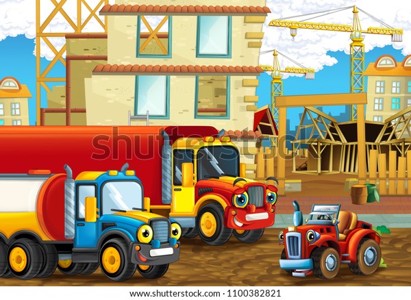 cartoon scene with happy\
industry cars on the construction site - illustration for\
children