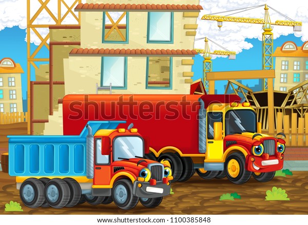 cartoon scene with happy\
industry cars having fun on the construction site - illustration\
for children