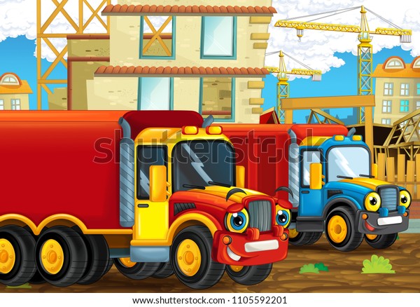 cartoon scene with happy\
industry cars having fun on the construction site - illustration\
for children