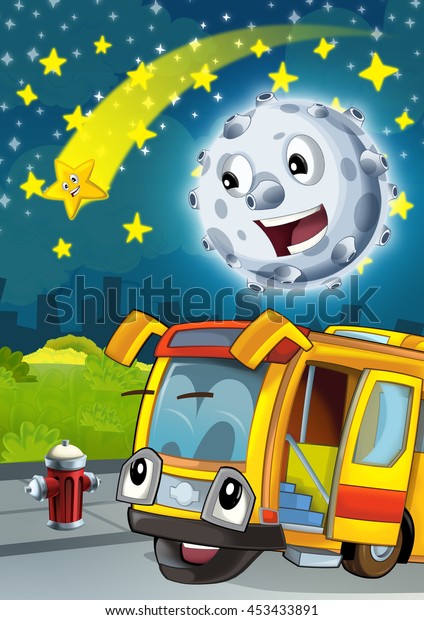 Cartoon scene with happy moon or meteorite and\
shooting star by night talking with happy bus - illustration for\
children