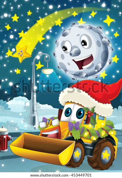 Cartoon scene with happy moon or meteorite and\
shooting star by night talking with happy excavator - illustration\
for children