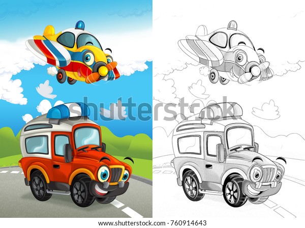 cartoon scene\
with happy off road car on the road and plane flying with coloring\
page illustration for children\
