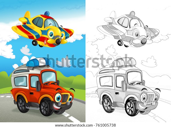 cartoon scene\
with happy off road car on the road and plane flying with coloring\
page illustration for children\
