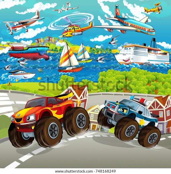 cartoon scene with\
happy police monster truck - ships and planes in the background -\
illustration for\
children
