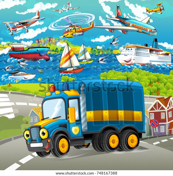 cartoon scene with happy\
police truck - ships and planes in the background - illustration\
for children