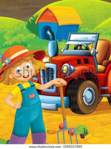 cartoon scene with happy young farm girl\
near the tractor - illustration for\
children