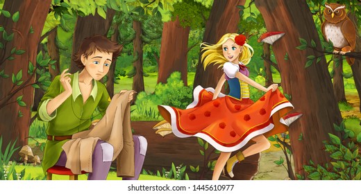 cartoon scene with happy young girl and boy tailor and princess in the forest encountering pair of owls flying - illustration for children