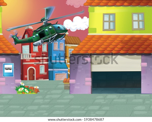 cartoon scene with helicopter flying in the city\
- illustration for\
children