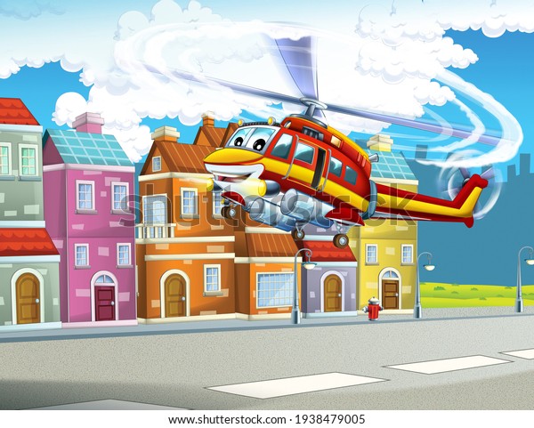 cartoon scene with helicopter flying in the city\
- illustration for\
children