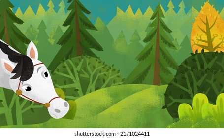 cartoon scene with horse in the forest illustration for children