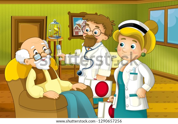 Cartoon scene of house interior\
living room with older man and doctor visiting him - grand father\
and doctor visiting him - hall - illustration for\
children