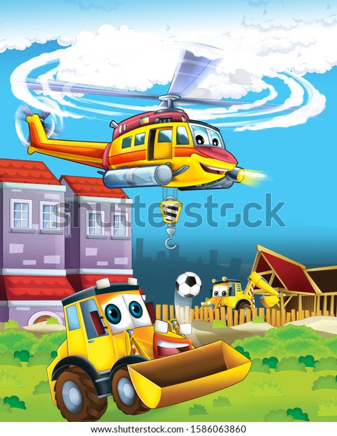 cartoon\
scene with industry car excavator digger on construction site and\
flying helicopter - illustration for\
children