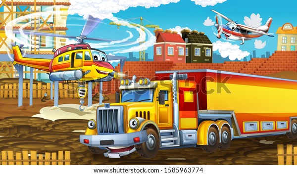cartoon scene with industry cars on construction\
site - illustration for\
children