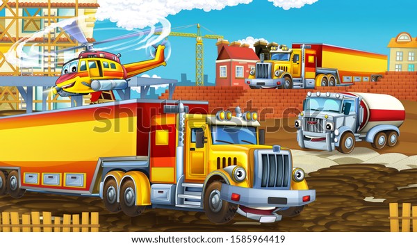 cartoon scene with industry\
cars on construction site and flying helicopter - illustration for\
children